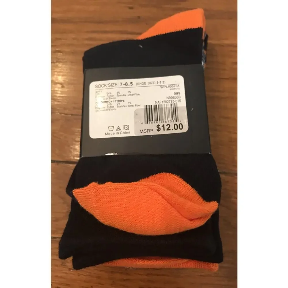 Nautica Boys New 3 Pair Crew Socks Orange Navy Blue Sock Size 7-8.5
